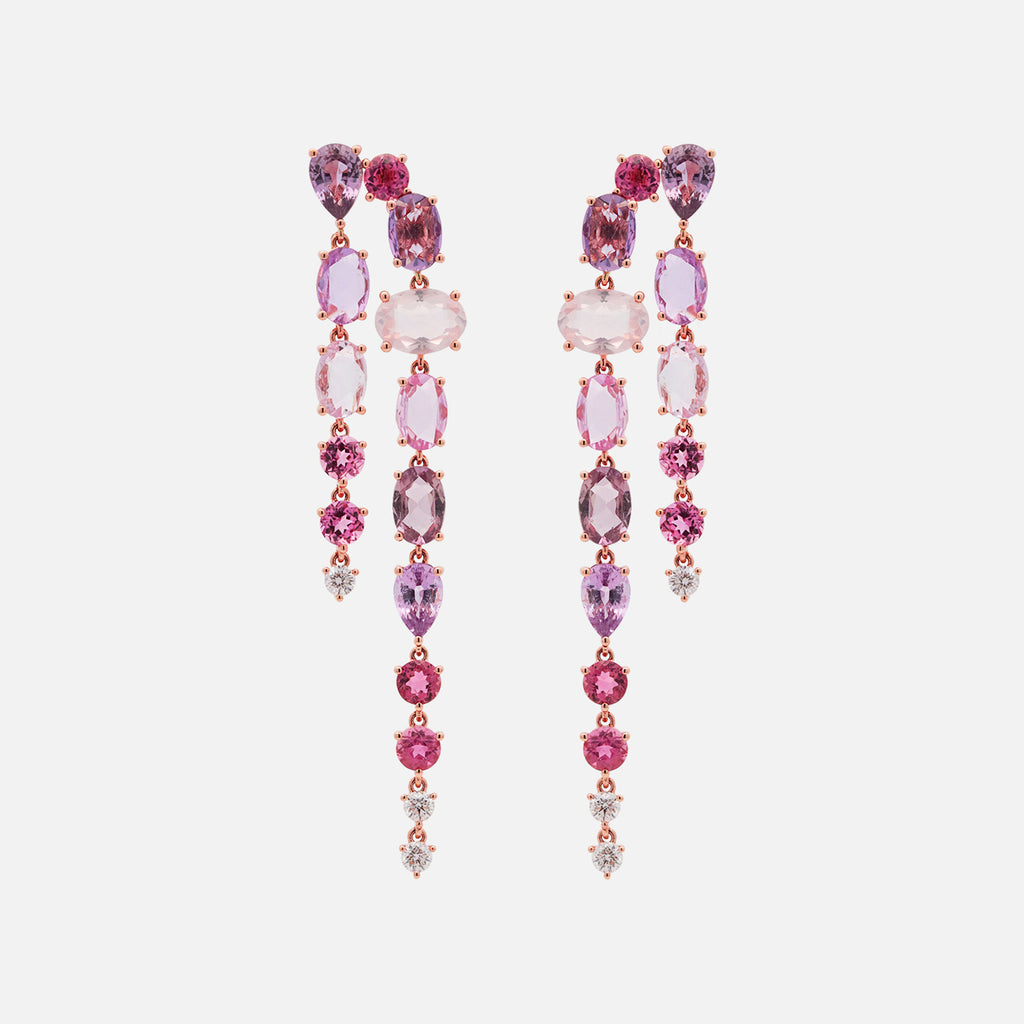 Aretes Waterfall Oro Rosa 18K con Zafiro, Turmalina, Cuarzo Rosa y Diamantes.