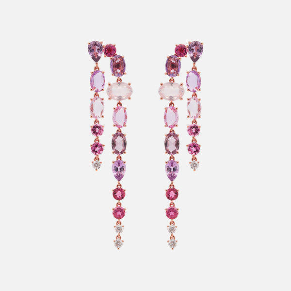 Aretes Waterfall Oro Rosa 18K con Zafiro, Turmalina, Cuarzo Rosa y Diamantes.