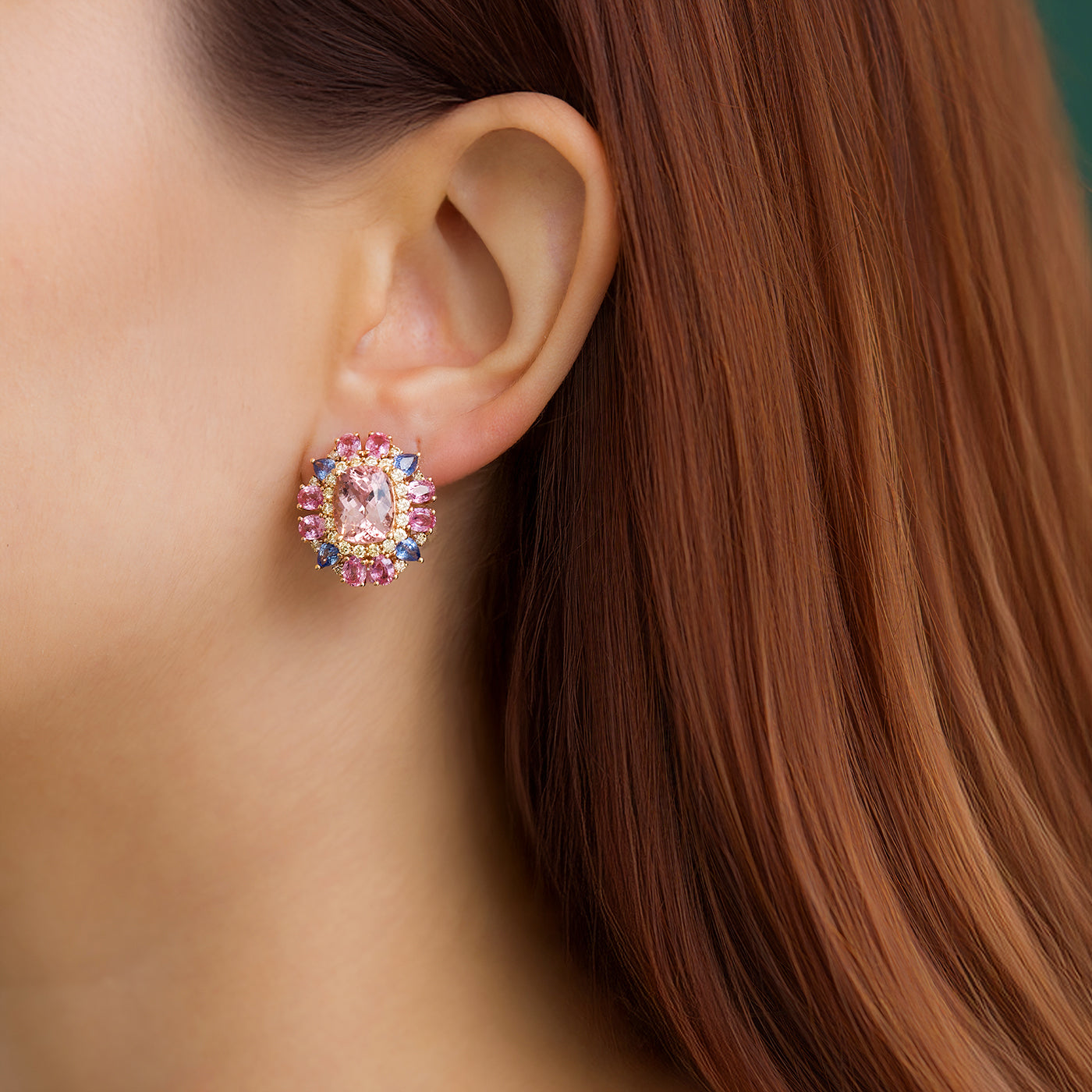 Aretes Armida Pink Oro Amarillo 18K Zafiros, Turmalinas y Diamantes.