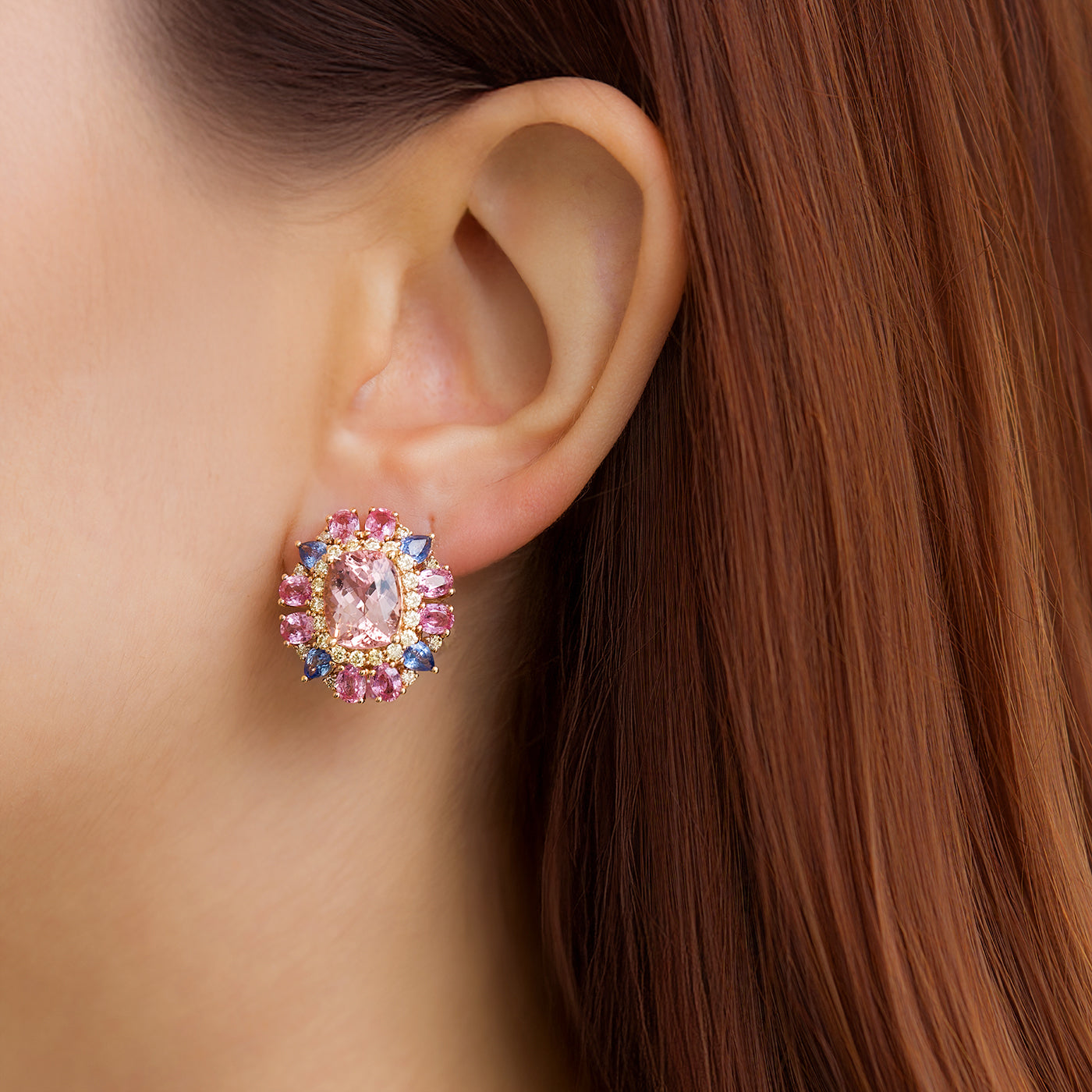 Aretes Armida Pink Oro Amarillo 18K Zafiros, Turmalinas y Diamantes.