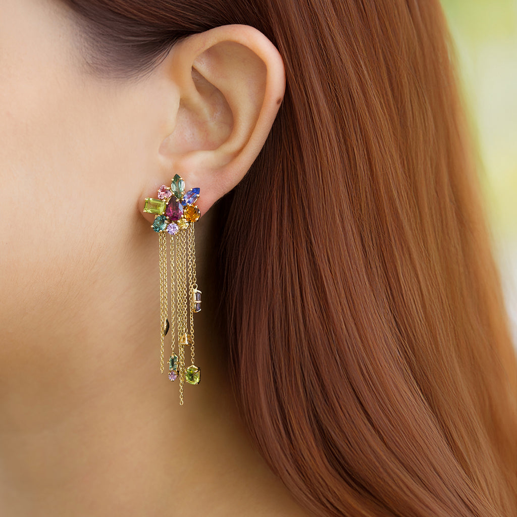 Aretes Botanical Amaranthus Oro Amarillo 14K con Granate, Turmalina, Tanzanita, Zafiro y Peridoto.