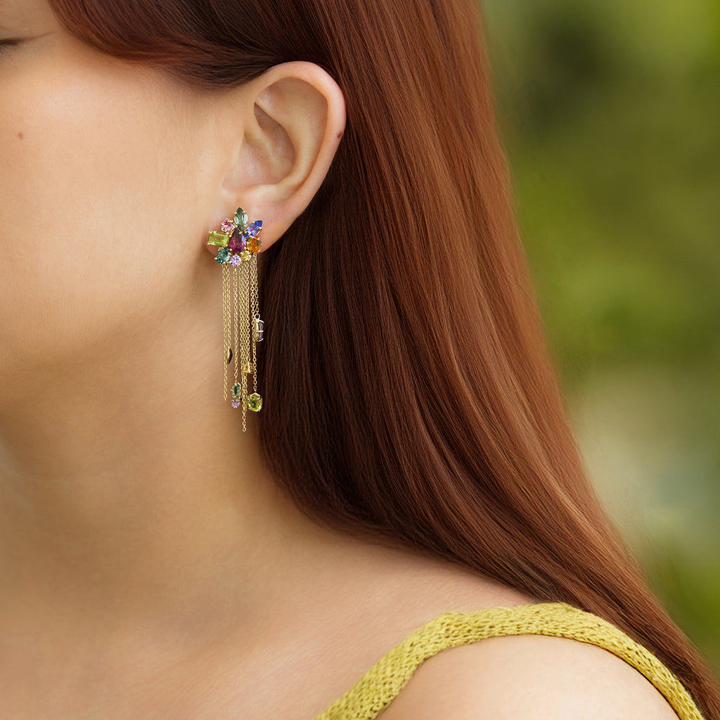 Aretes Botanical Amaranthus Oro Amarillo 14K con Granate, Turmalina, Tanzanita, Zafiro y Peridoto.