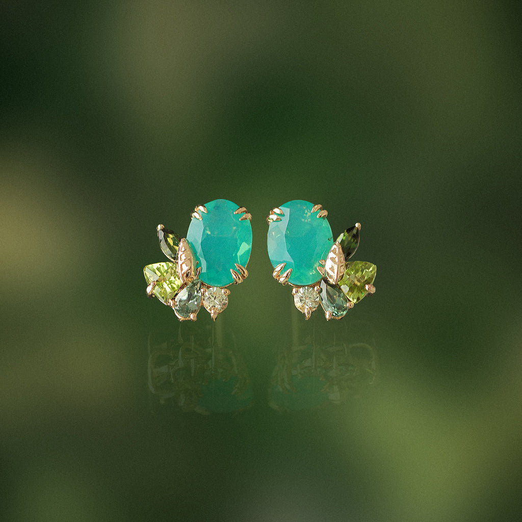 Aretes Botanical Lily Green Ópalos Australianos, Turmalinas, Peridotos, Zafiros y Diamantes-1
