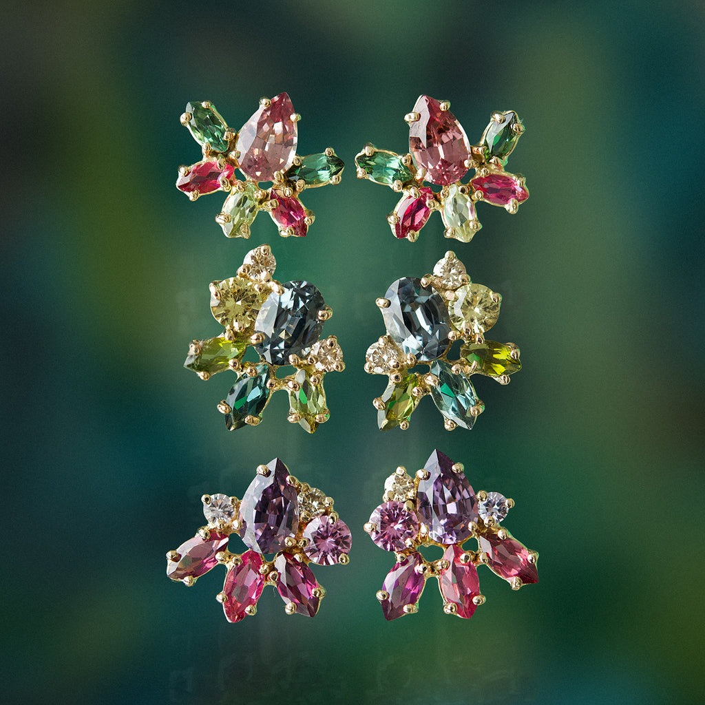 Aretes Botanical Tulip Green Oro Amarillo 14K con Tanzanitas, Turmalinas, Zafiros y Diamantes Champagne.