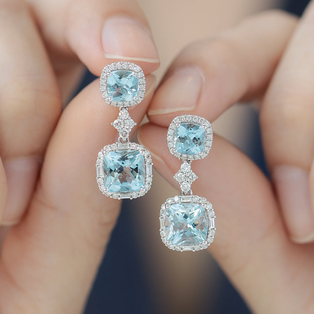 Aretes Celeste Oro Blanco 18K con Aquamarinas y Diamantes.