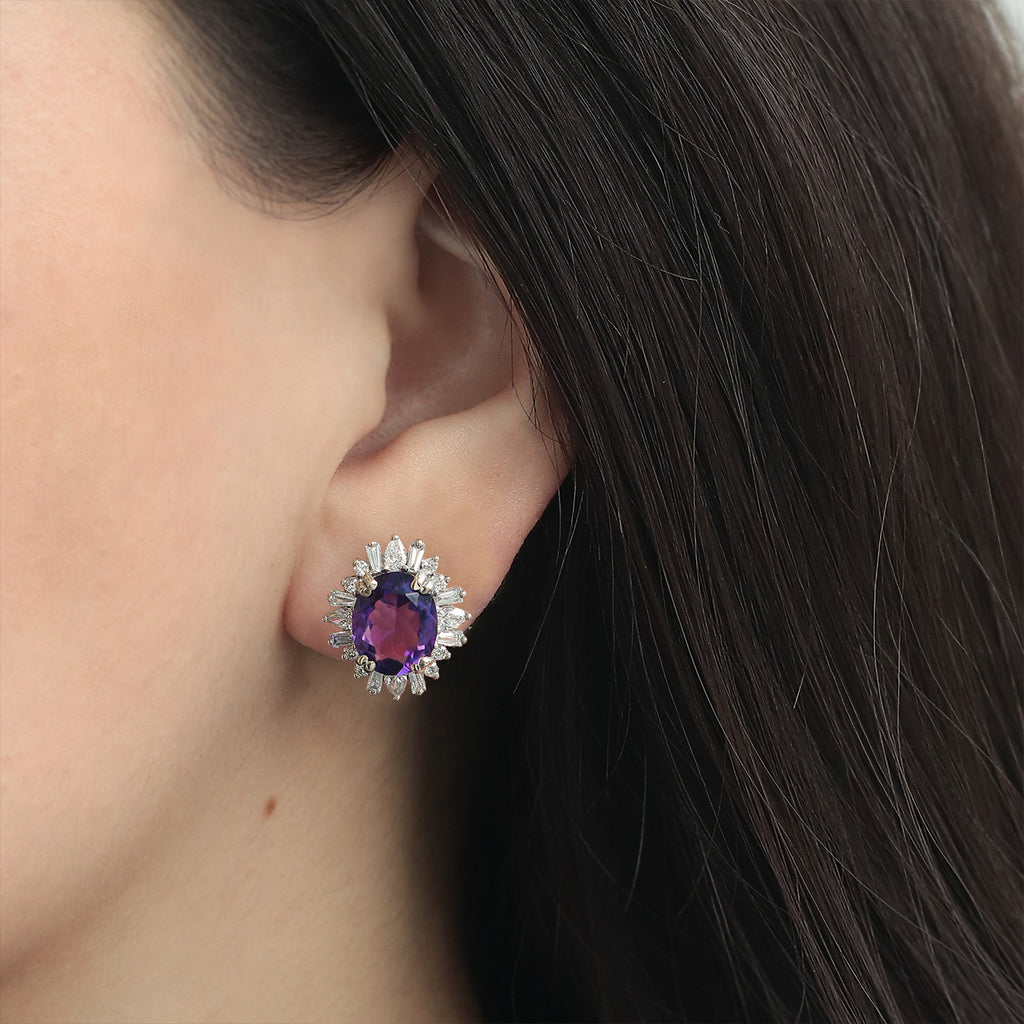 Aretes Charlotte Oro Blanco 14K con Amatistas y Diamantes.