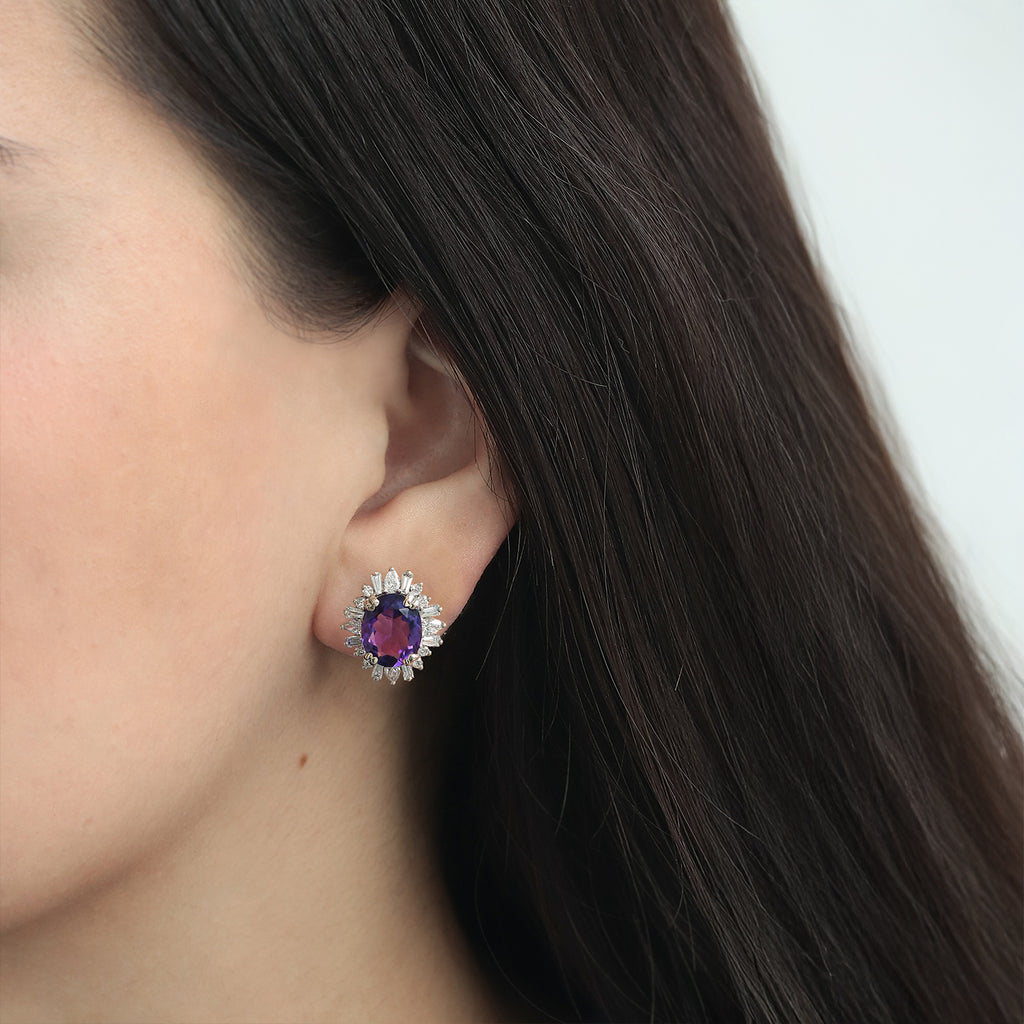 Aretes Charlotte Oro Blanco 14K con Amatistas y Diamantes.