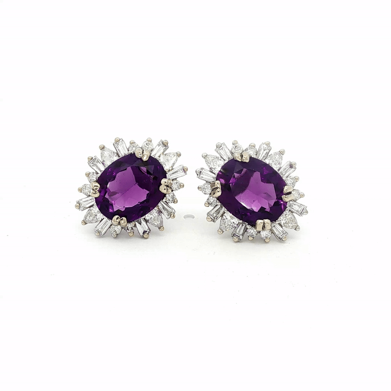 Aretes Charlotte Oro Blanco 14K con Amatistas y Diamantes.
