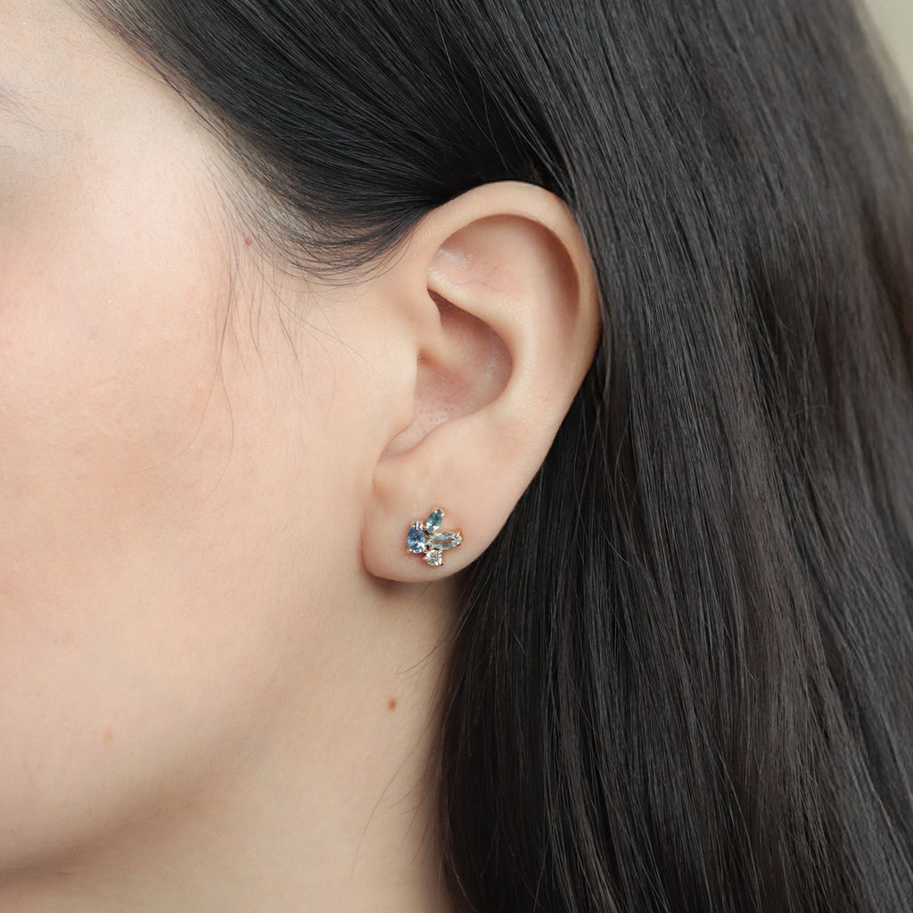 Set Aretes y Anillo Baby Blue Oro Amarillo 14K con Zafiros, Aquamarinas y Diamantes.
