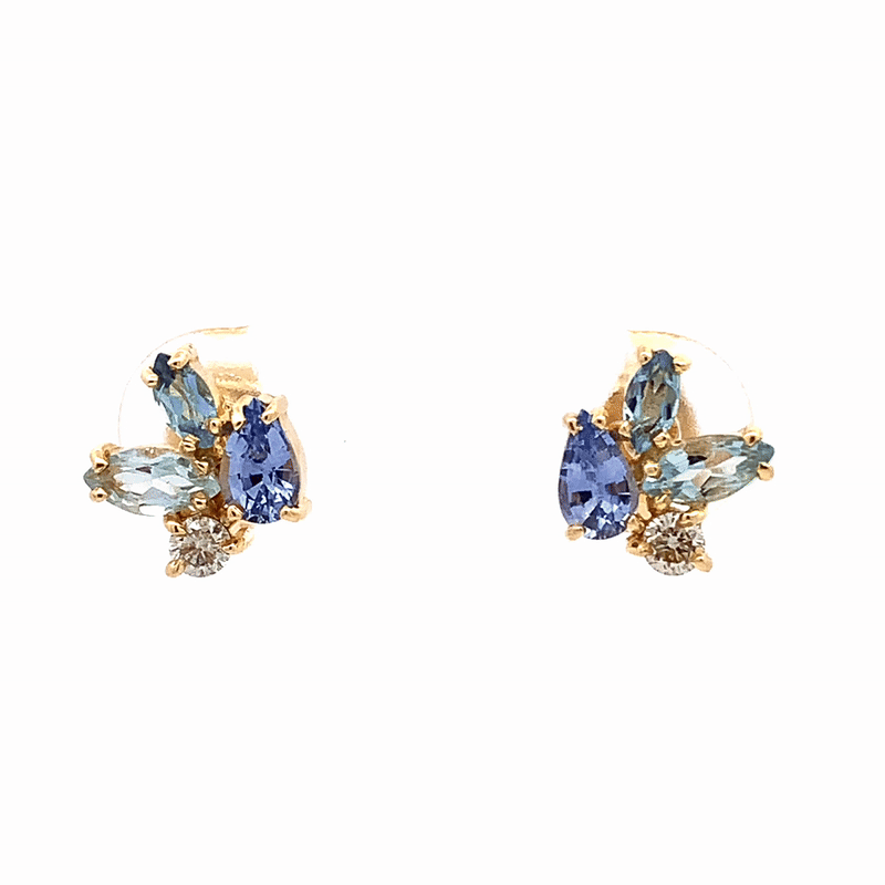 Aretes Galaxy Baby Blue Oro 14K con Zafiros, Aquamarinas y Diamantes.