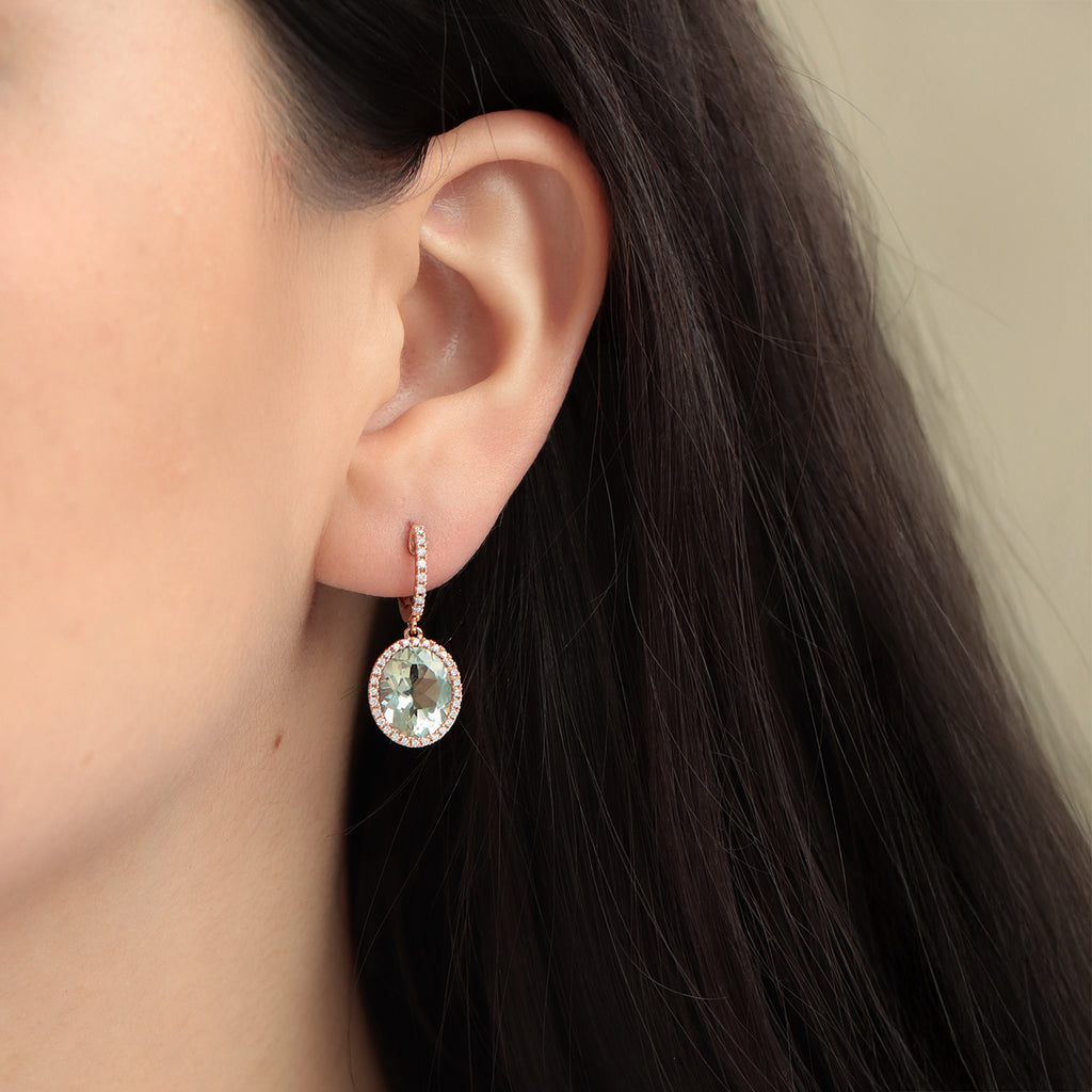 Arracadas Luxe Oro Rosa 18K con Prasiolitas y Diamantes.