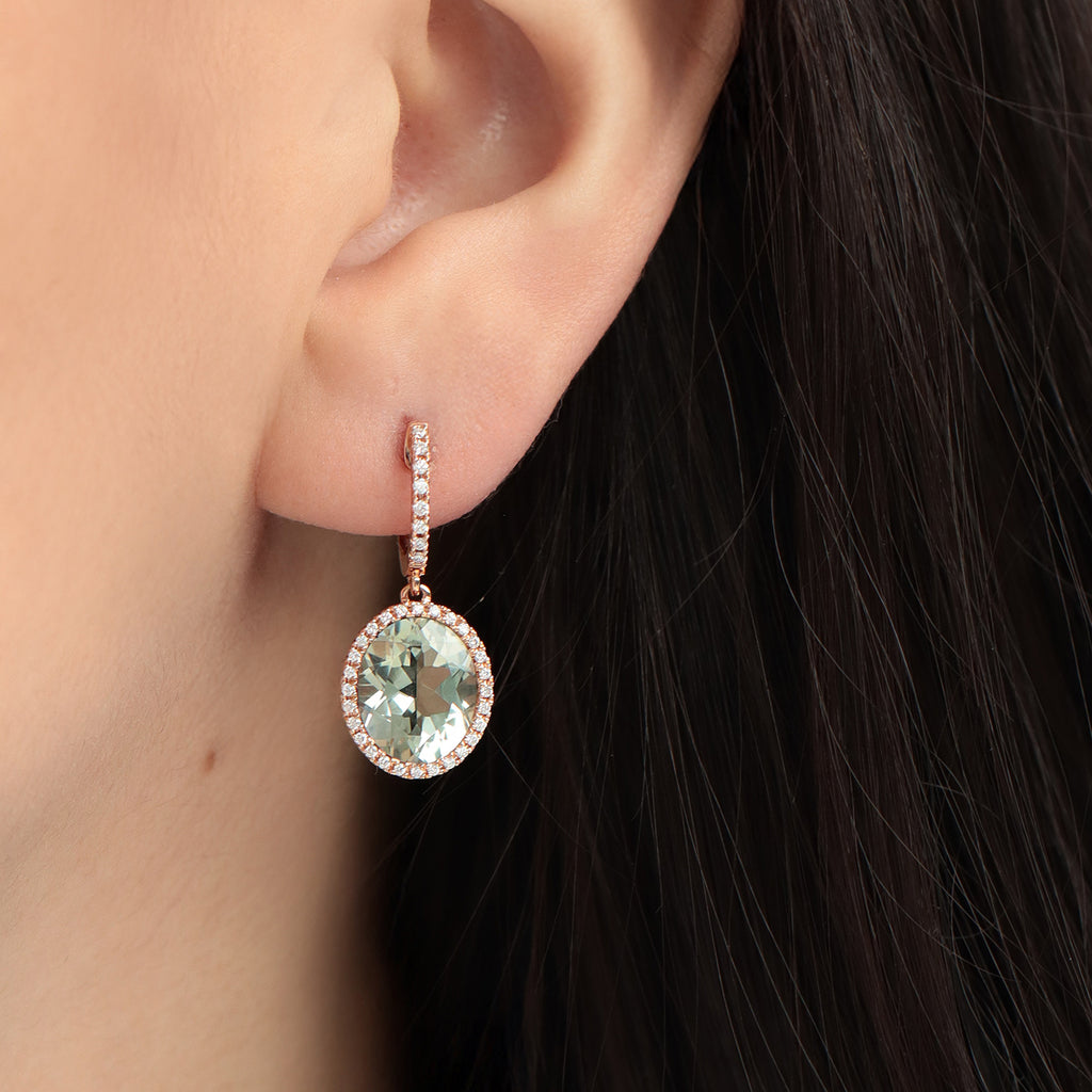 Arracadas Luxe Oro Rosa 18K con Prasiolitas y Diamantes.
