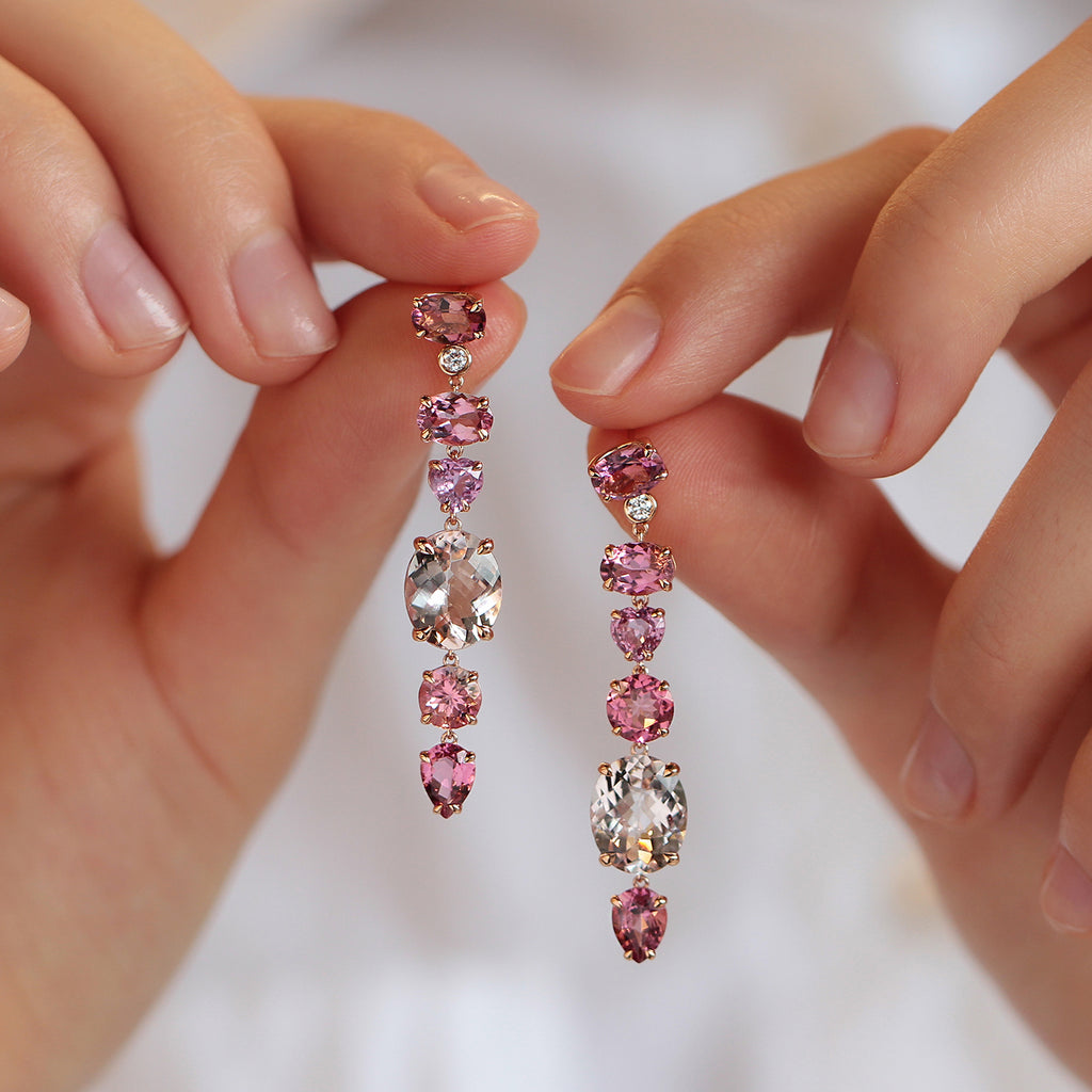 Aretes Magnolia Oro Rosa 18K con Turmalinas, Morganita, Zafiro y Diamantes.