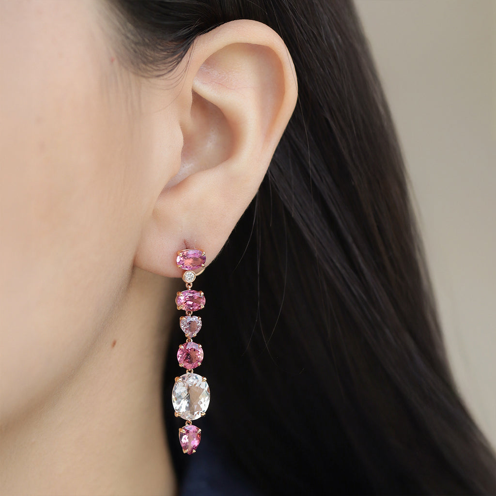 Aretes Magnolia Oro Rosa 18K con Turmalinas, Morganita, Zafiro y Diamantes.