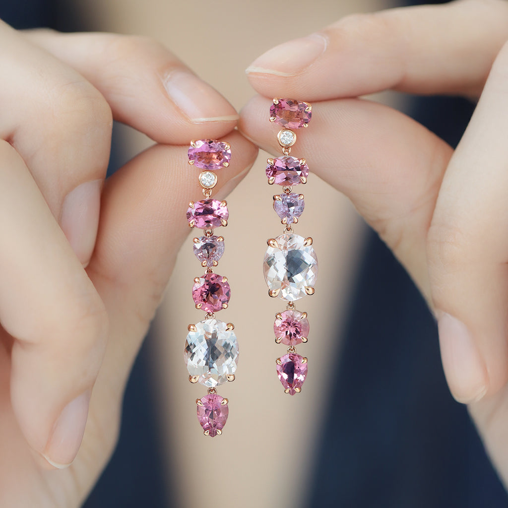 Aretes Magnolia Oro Rosa 18K con Turmalinas, Morganita, Zafiro y Diamantes.