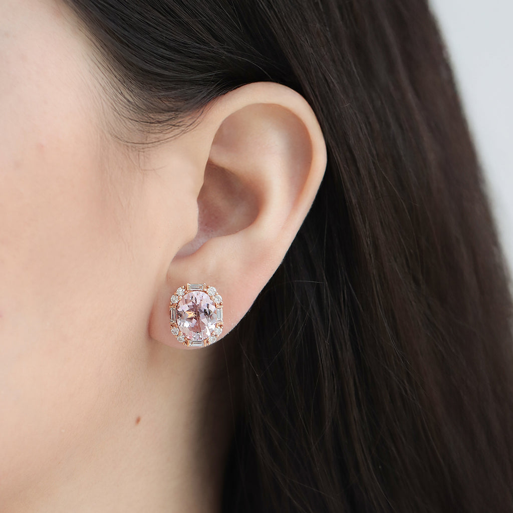 Aretes Gardenia Oro Rosa 18K con Morganitas y Diamantes.