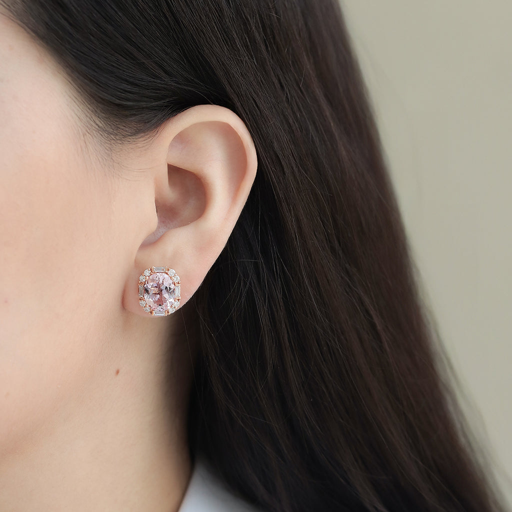 Aretes Gardenia Oro Rosa 18K con Morganitas y Diamantes.