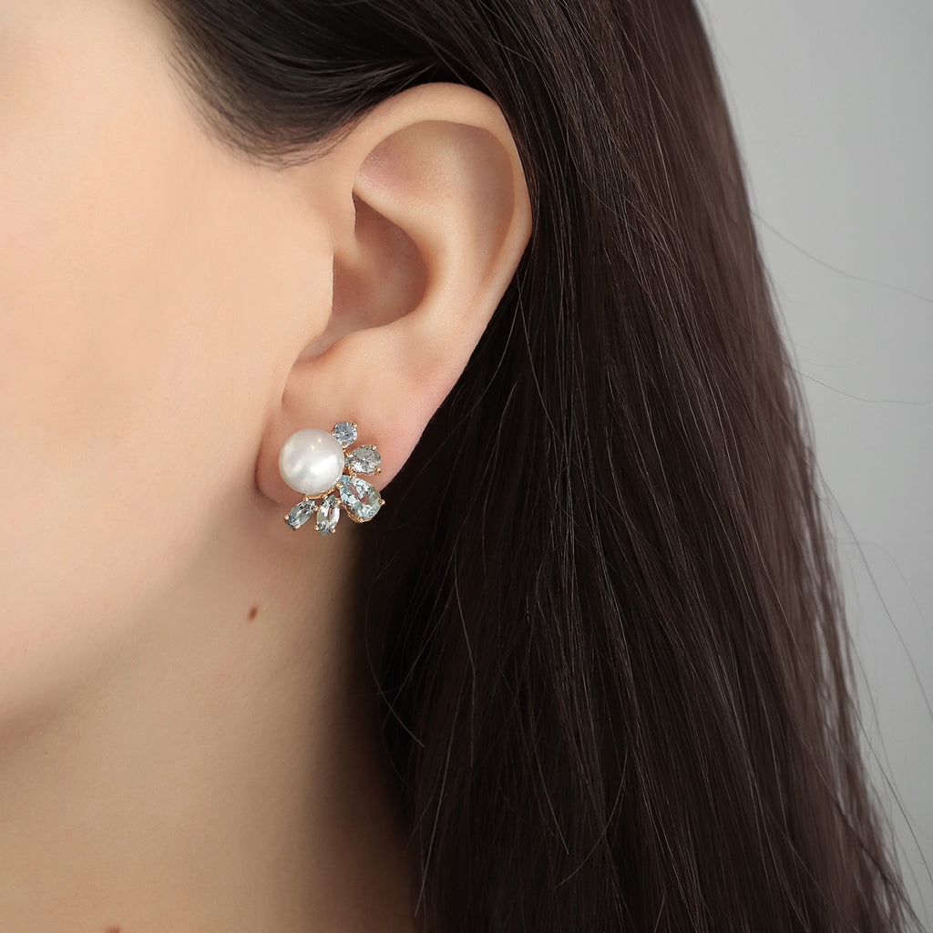 Aretes Pearl Light Blue Oro Amarillo 14K con Perlas, Zafiros y Aquamarinas.