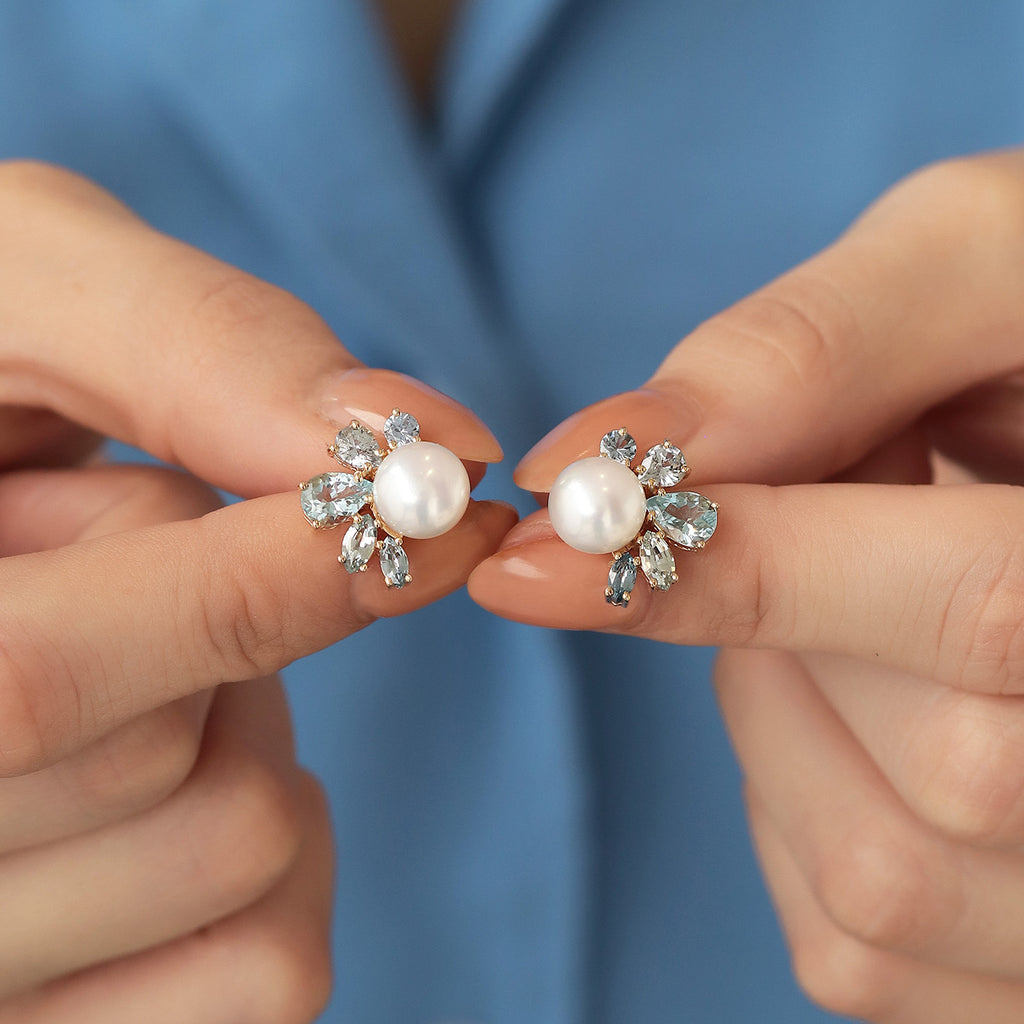 Aretes Oro Amarillo 14K con Perlas, Zafiros y Aquamarinas.
