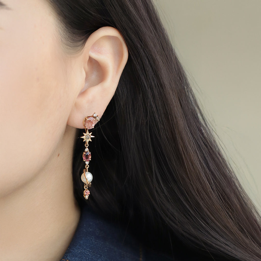 Aretes Saturn Oro Amarillo 14K con Turmalinas, Diamantes y Perlas.