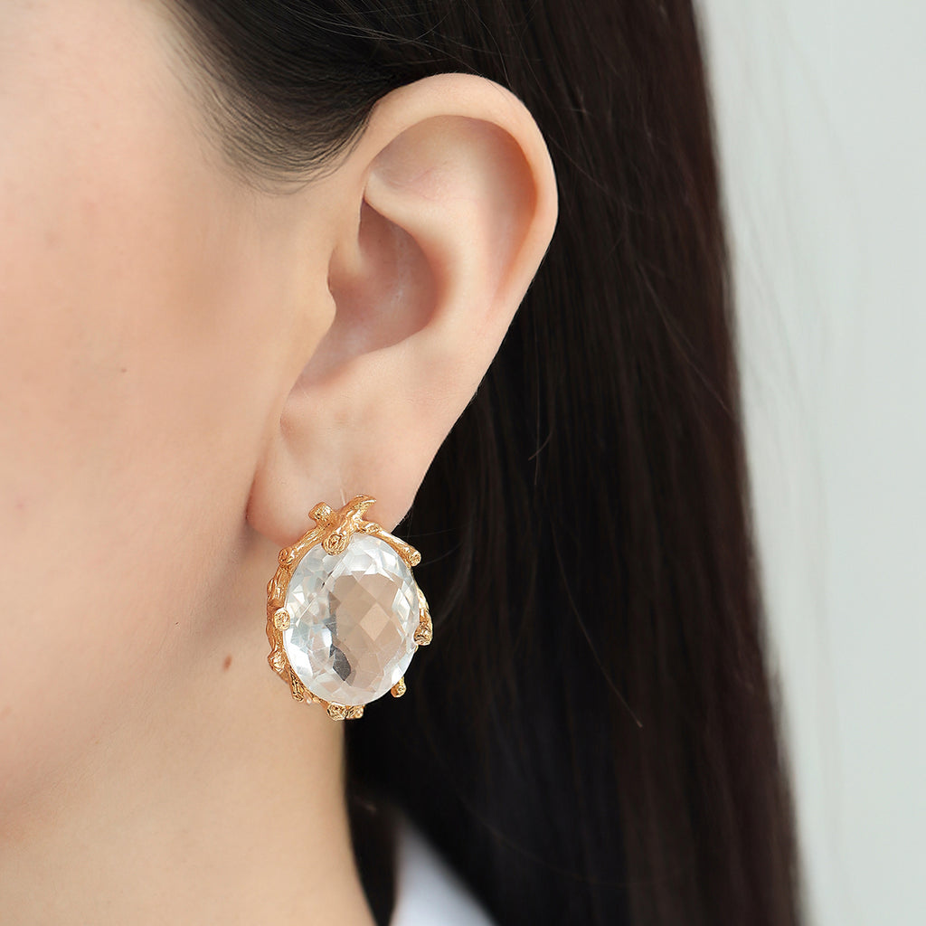 Aretes Terra Plata .925 con Chapa de Oro 14K y Cuarzo Cristal.