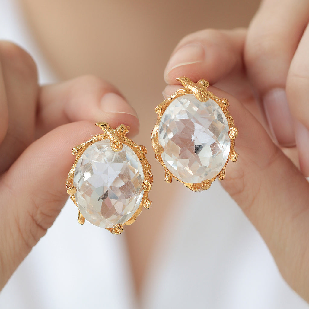 Aretes Terra Plata .925 con Chapa de Oro 14K y Cuarzo Cristal.