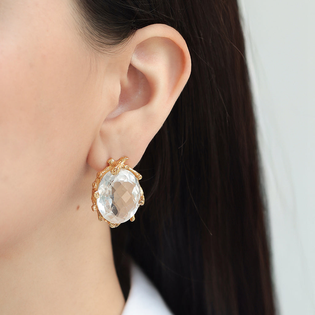 Aretes Terra Plata .925 con Chapa de Oro 14K y Cuarzo Cristal.