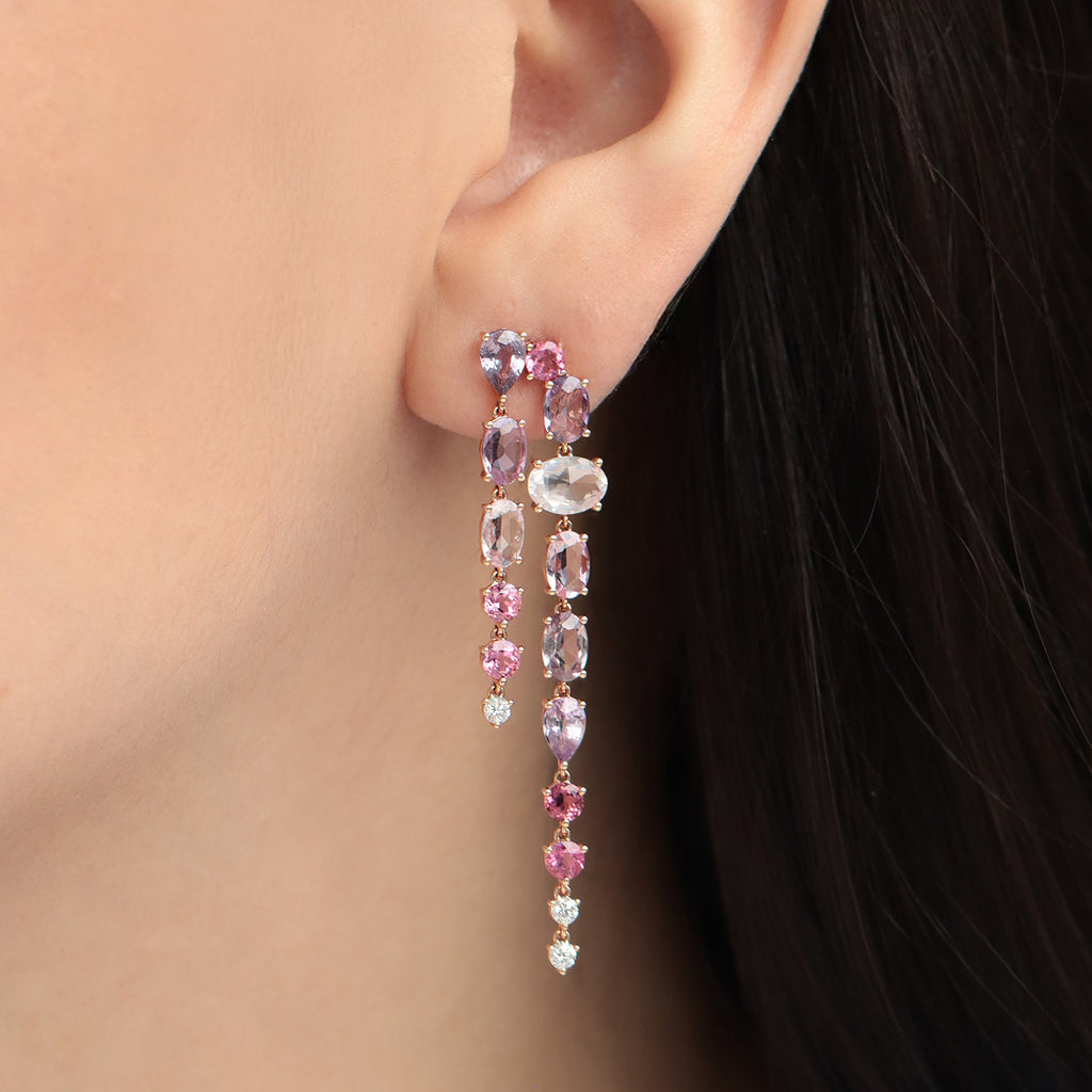 Aretes Waterfall Oro Rosa 18K con Zafiro, Turmalina, Cuarzo Rosa y Diamantes.