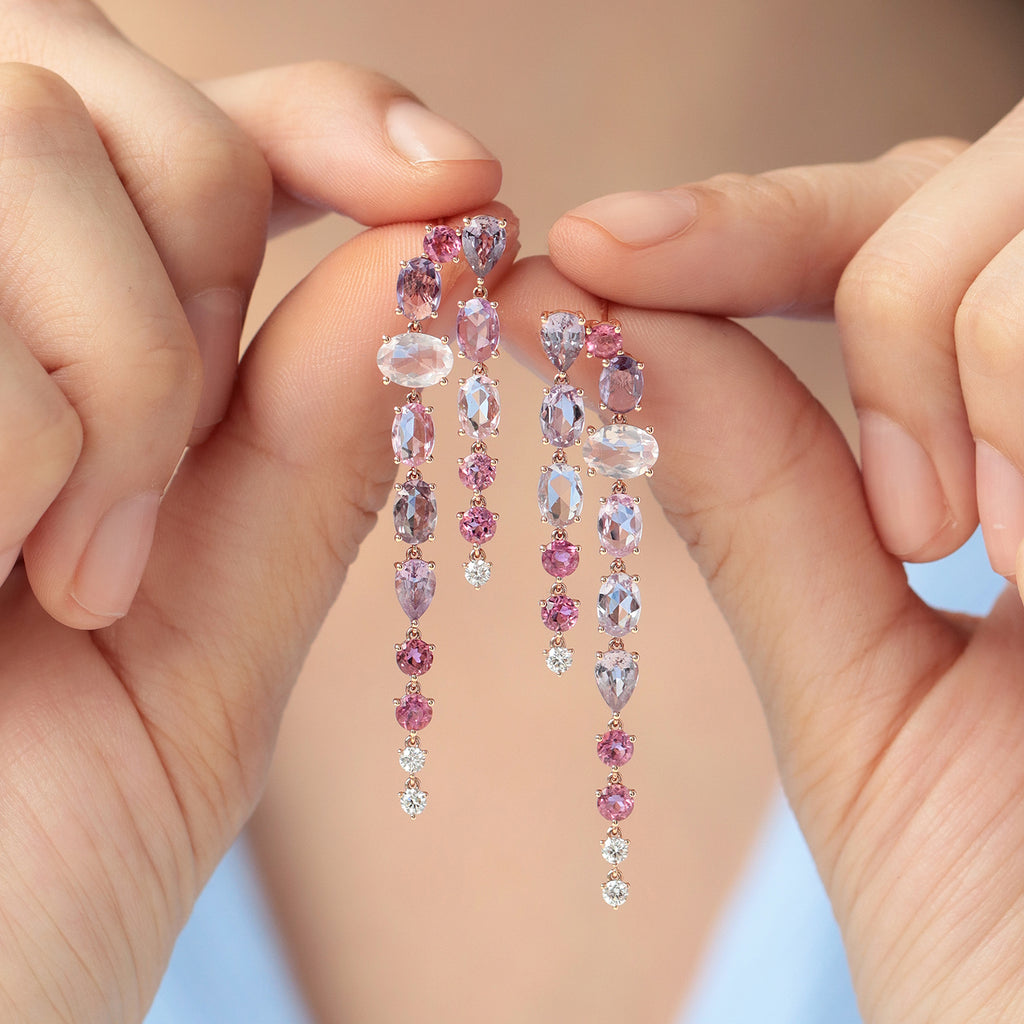 Aretes Waterfall Oro Rosa 18K con Zafiro, Turmalina, Cuarzo Rosa y Diamantes.