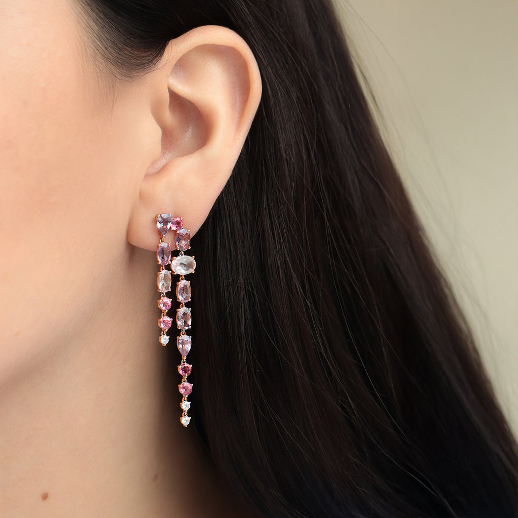Aretes Waterfall Oro Rosa 18K con Zafiro, Turmalina, Cuarzo Rosa y Diamantes.