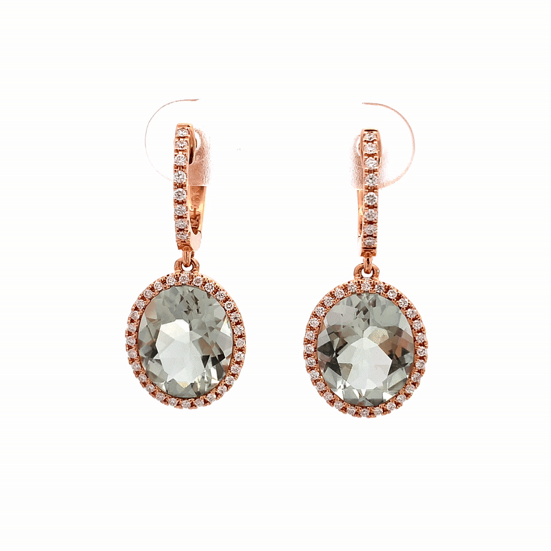 Arracadas Luxe Oro Rosa 18K con Prasiolitas y Diamantes.
