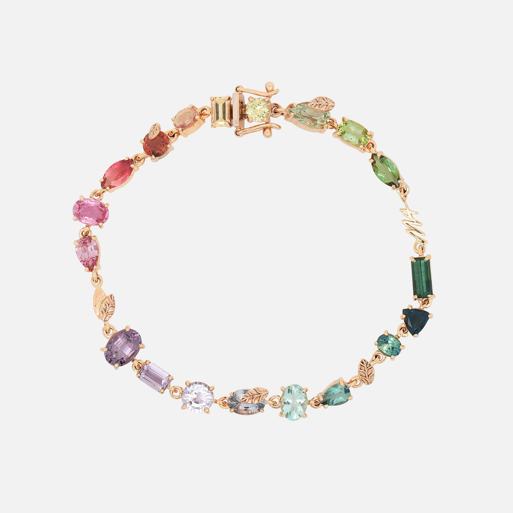 Brazalete Botanical Oro Amarillo 14K con Zafiros, Turmalinas, Granate y Espinela.