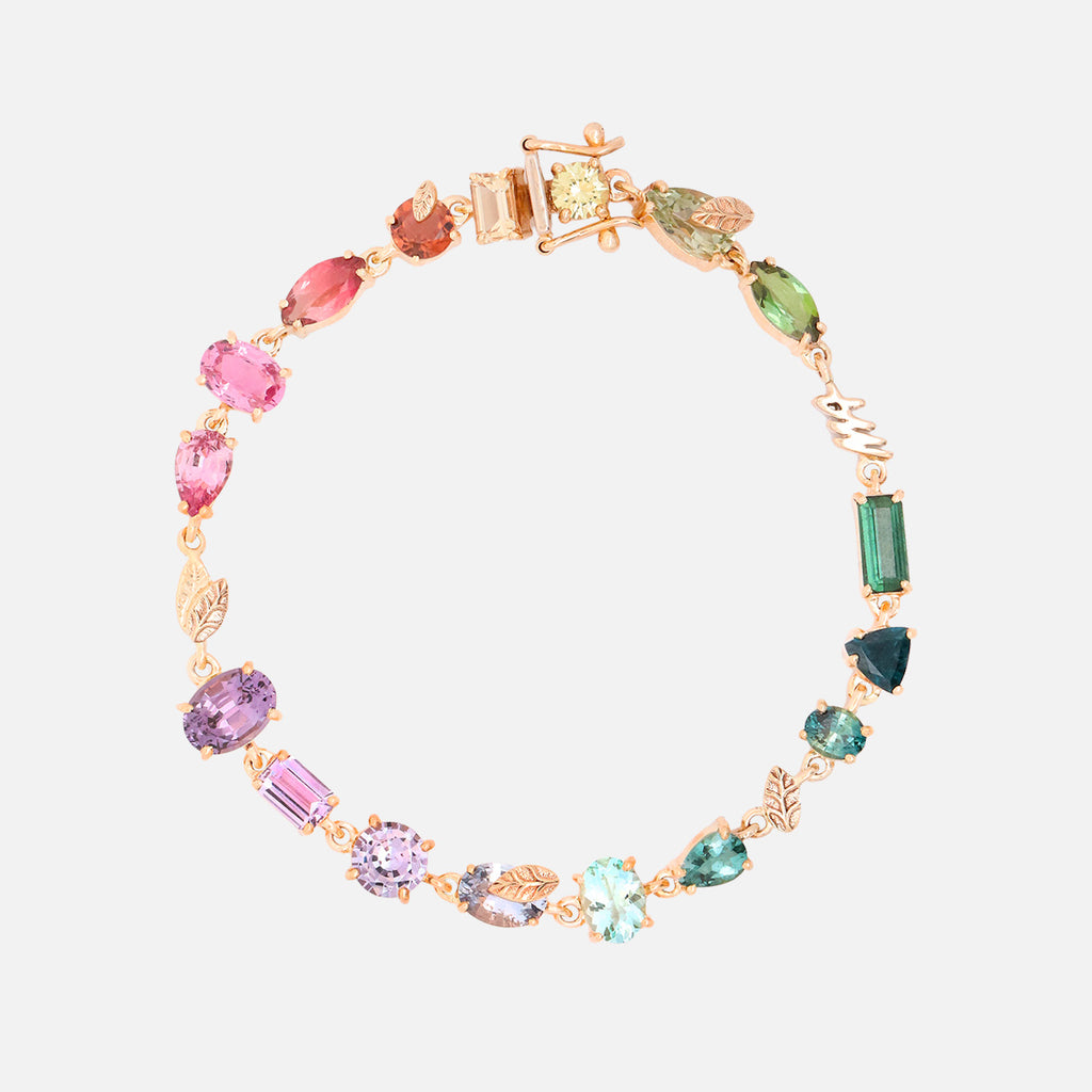 Brazalete Botanical Oro Amarillo 14K con Zafiros, Turmalinas, Granate y Espinela.