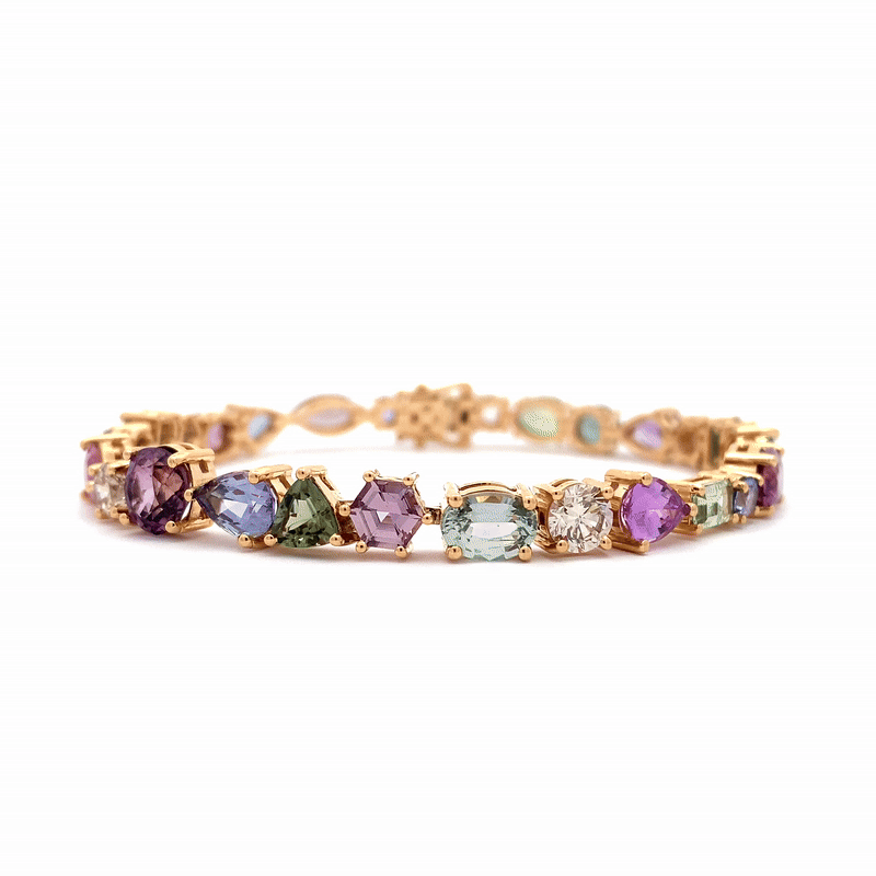 Brazalete Taffy Oro Amarillo 14K con Turmalinas, Zafiros y Amatistas.