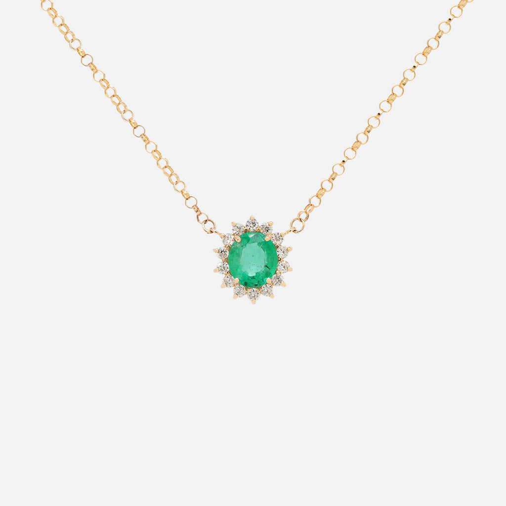 Cadena Imperio Oro Amarillo 14K con Esmeralda Oval y Diamantes.