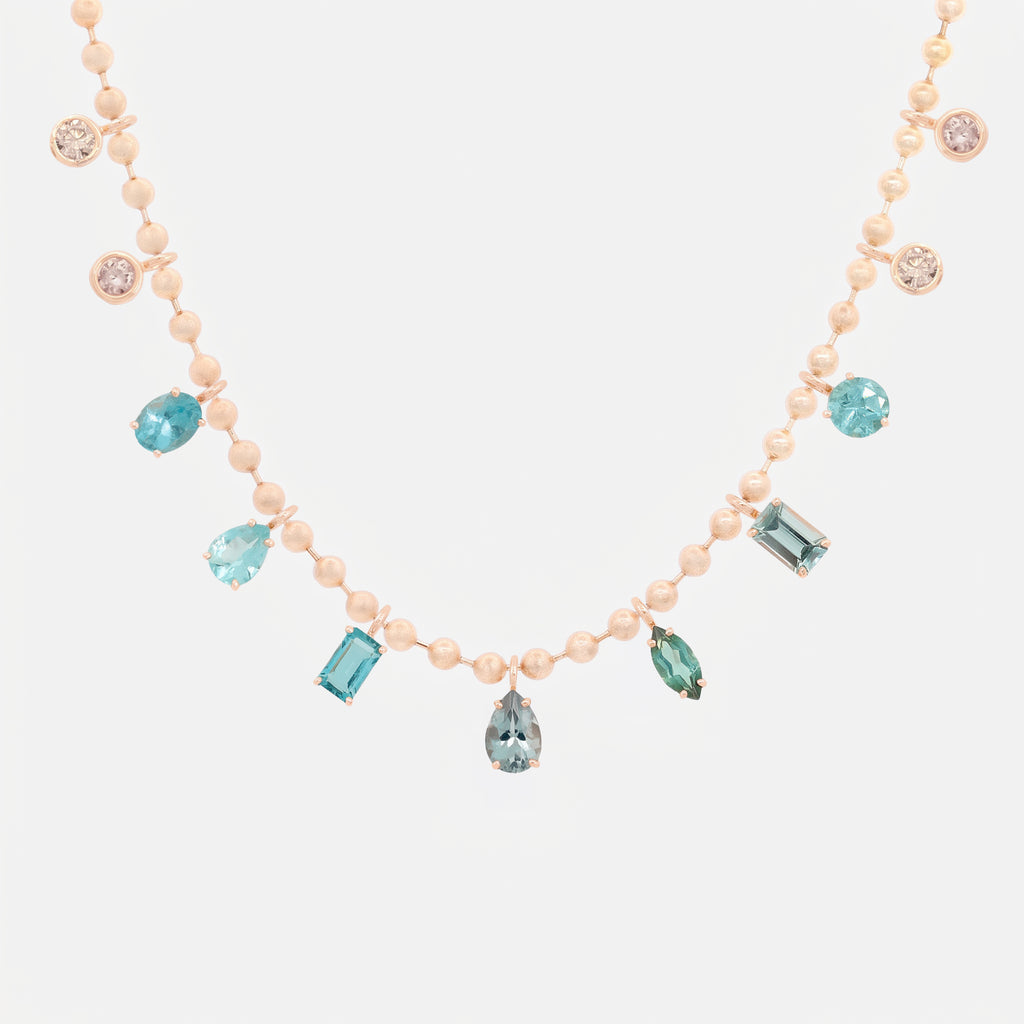 Cadena Lumina Cyan Oro Amarillo14K con Turmalina, Zafiros y Diamantes.