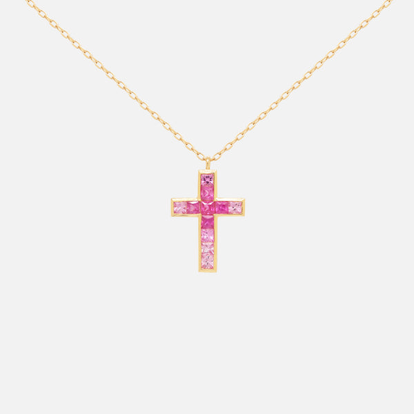 Cadena Pink Cross Oro Amarillo 18K con Zafiros y Diamantes.