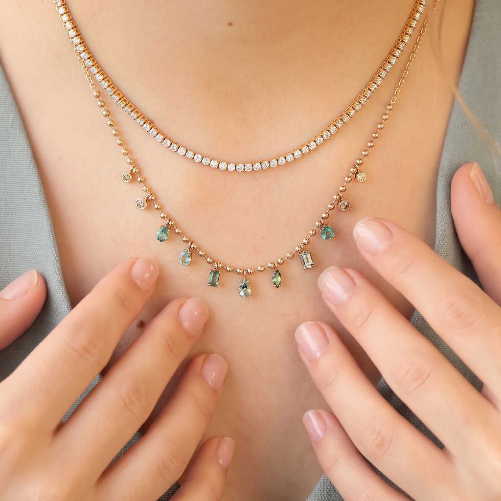 Cadena Lumina Cyan Oro Amarillo14K con Turmalina, Zafiros y Diamantes.