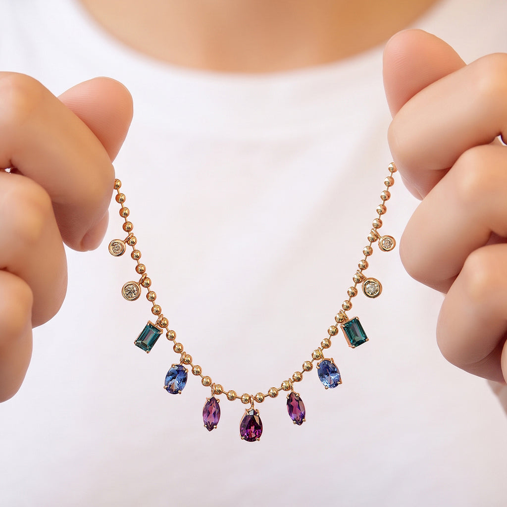 Cadena Lumina Mauve Oro Amarillo 14K con Tanzanitas, Granate, Amatista, Topacio y Diamantes.