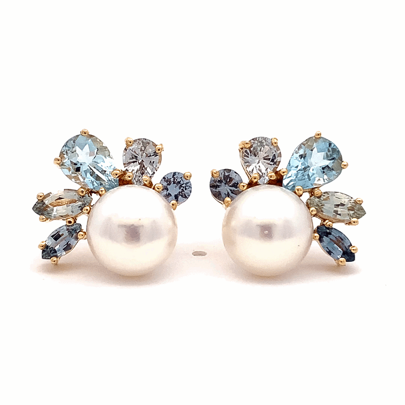 Aretes Pearl Light Blue Oro Amarillo 14K con Perlas, Zafiros y Aquamarinas.