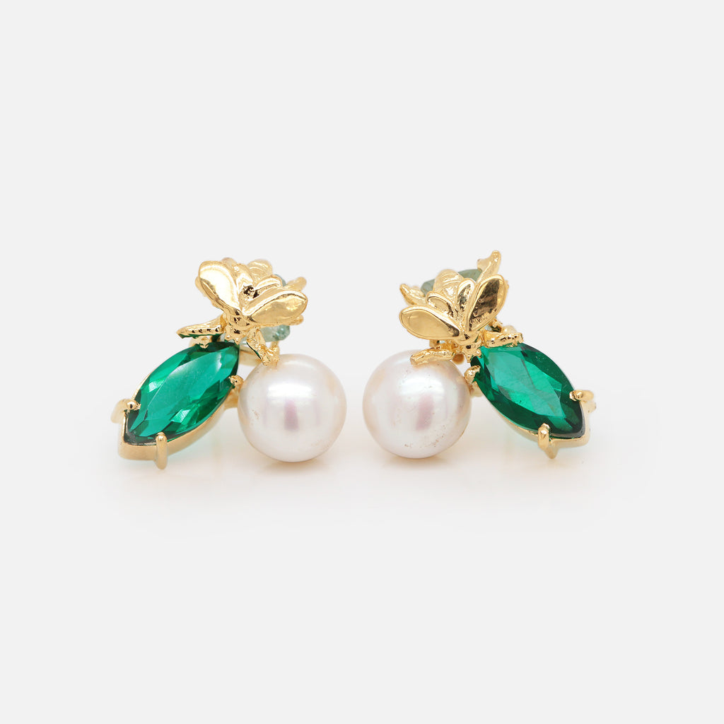 Aretes Jelly Plata .925 con Chapa de Oro 14K con Hidrocuarzos Verdes, Perlas y Aquamarinas.