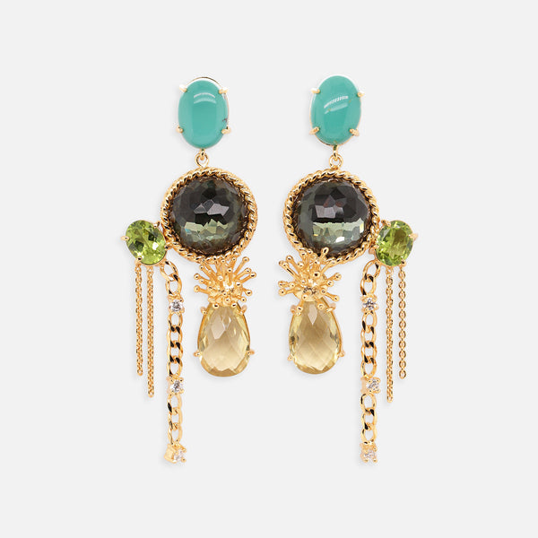 Aretes Protea Verdes Plata .925 con Chapa de Oro 14K con Peridotos, Turquesas, Dobletes de Hematita y Cuarzos Limón.